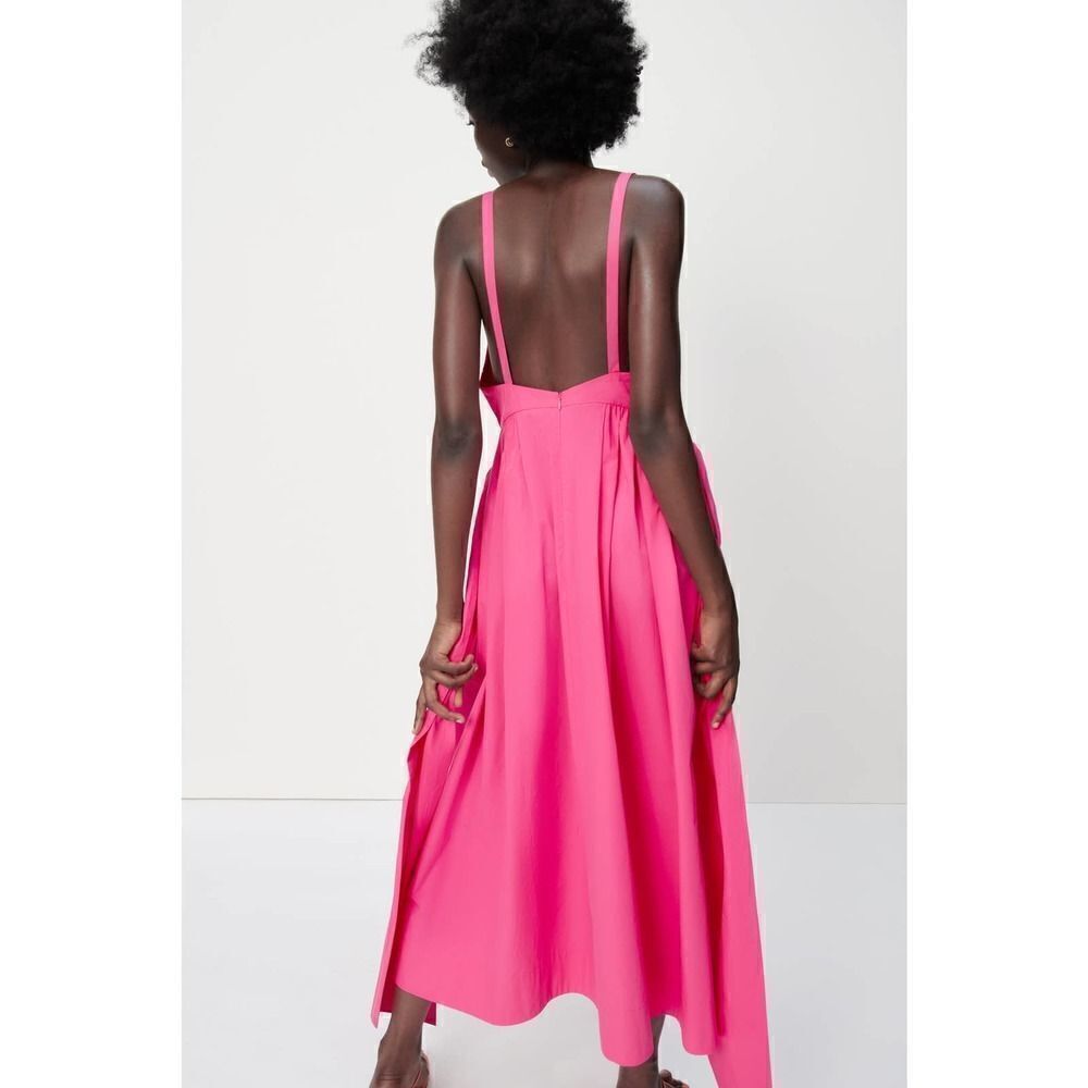 Zara Bow Pink Midi Dress Deep Plunge Poplin New Barbiecore Barbie - Picture 13 of 16